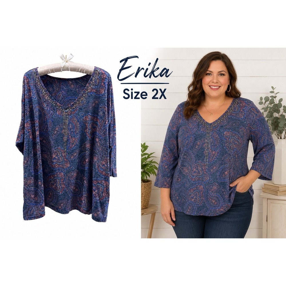 Erika Millie Women's 2X Paisley Embellished V-Neck 3/4 Sleeve Knit Top Blue